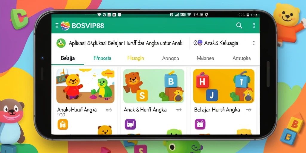 Antarmuka aplikasi BOSVIP88 yang cerah dan interaktif untuk belajar huruf dan angka.